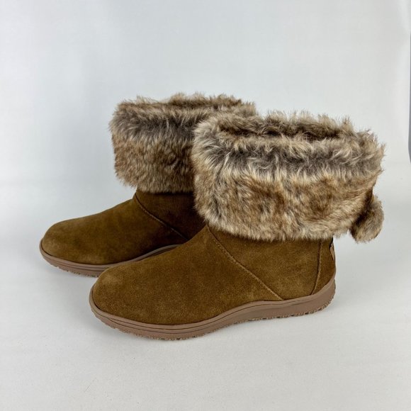 Minnetonka Somerville Womens Brown Suede Ankle Boot Faux Fur Cuff Pom Pom size 8 - Picture 3 of 13